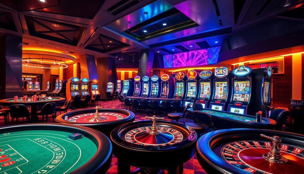 A high-quality, visually striking image of various online casino game types. In the foreground, an array of classic table games such as roulette, blackjack, and baccarat, with detailed renderings of the felt tabletops, betting chips, and cards. In the middle ground, a selection of vibrant, immersive slot machines with intricate reel symbols and flashing lights. In the background, a sleek, modern casino interior with geometric architectural elements, warm lighting, and a sense of energy and excitement. The overall scene should convey the thrill and variety of online casino gaming, with a focus on technical precision, dynamic composition, and a captivating, high-fidelity aesthetic.