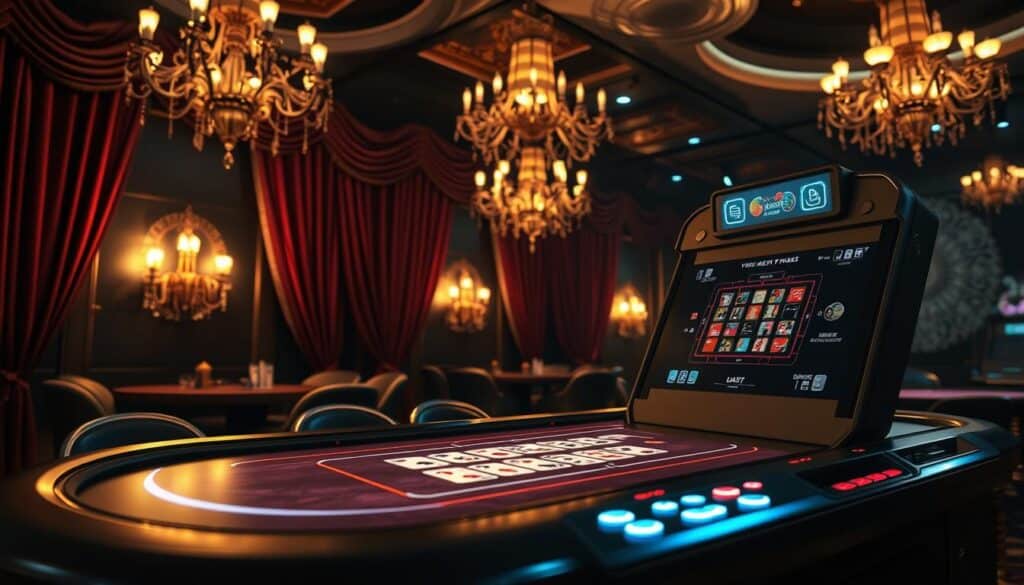 A high-quality, visually striking online casino gaming experience with stunning graphics and immersive audio. A dimly lit, opulent casino interior with plush velvet curtains, ornate chandeliers, and a serene ambiance, setting the stage for an engrossing gaming session. In the foreground, a sleek, modern gaming console with a high-definition display showcasing a captivating casino table game, the cards and chips rendered with exquisite detail. The lighting is warm and inviting, casting a soft glow across the scene, drawing the viewer into the alluring world of online casino entertainment.