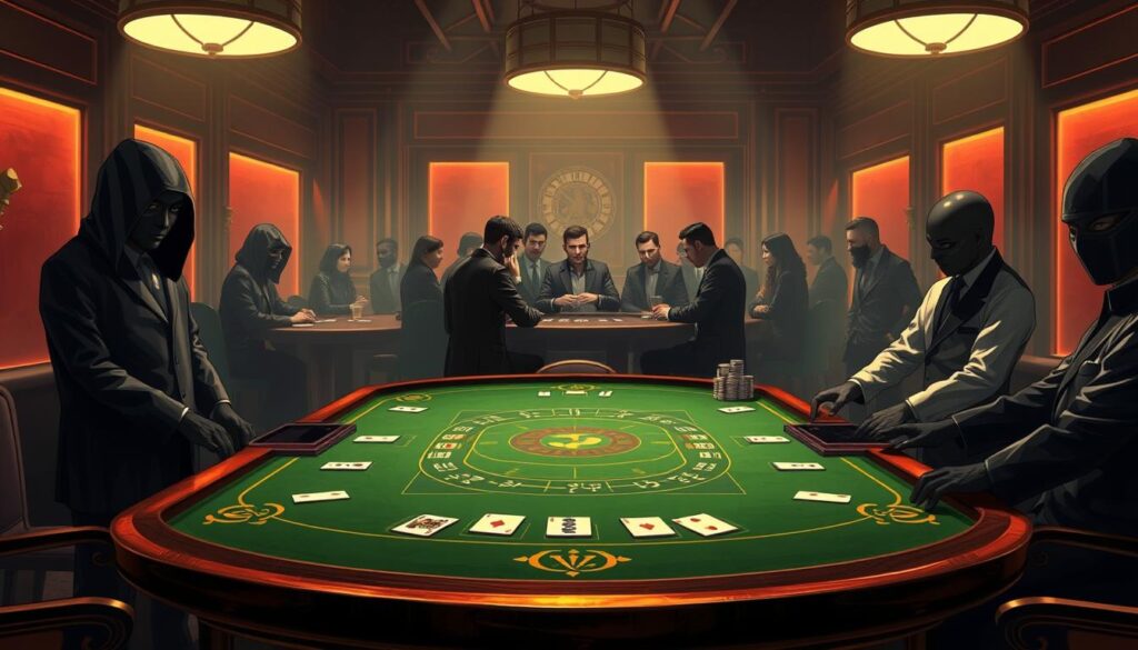 A high-resolution, detailed illustration of a classic Baccarat table setup. The table occupies the foreground, adorned with a green felt surface and gilded edges. Dealers stand at the corners, their faces masked in shadow. In the middle ground, players gather around the table, their expressions intent as they scrutinize the cards and chips. The background is bathed in a warm, moody lighting, creating an atmosphere of quiet concentration and anticipation. The scene conveys the essence of Baccarat - a game of skill, strategy, and the thrill of chance.