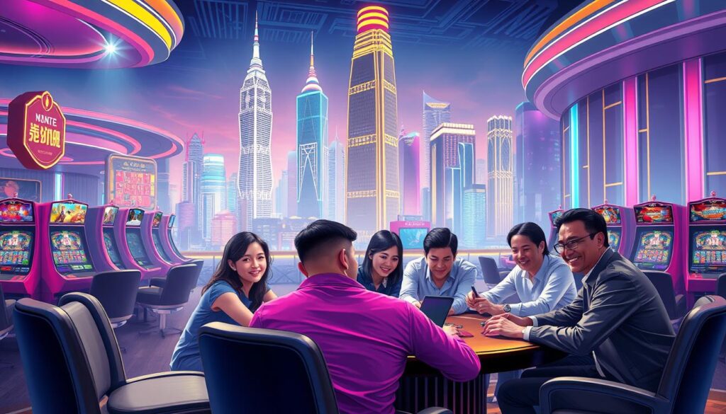 A high-resolution, detailed illustration of a successful online casino gaming case study. In the foreground, a group of smiling people gathered around a table, intensely focused on playing casino games. The middle ground shows a modern, sleek casino interior with neon lighting, plush seating, and high-tech gaming terminals. In the background, a bustling city skyline with towering skyscrapers and vibrant lights. The scene conveys a sense of excitement, prosperity, and the thrill of gaming in the thriving Taiwanese market. Composition is balanced, with dramatic lighting and a polished, cinematic aesthetic.