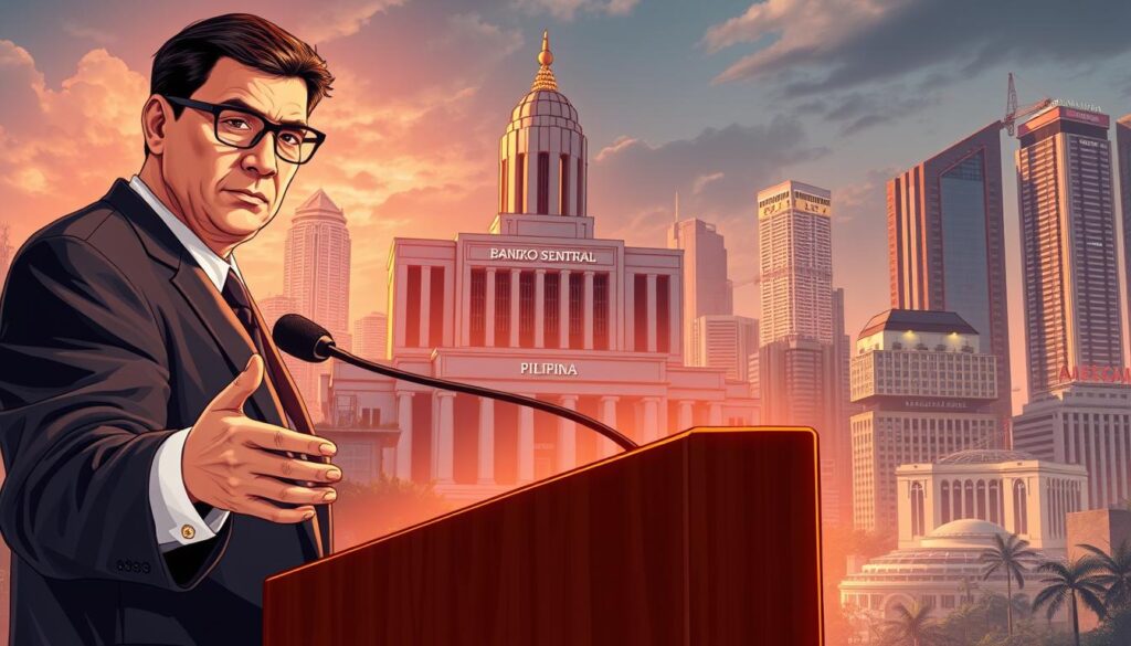 A high-resolution, detailed illustration of the Philippine gaming regulatory landscape. In the foreground, a government official in a suit stands beside a podium, gesturing towards the camera with a serious expression. In the middle ground, the iconic Bangko Sentral ng Pilipinas building stands tall, representing the central bank and financial authority. The background depicts the Manila skyline, with skyscrapers and office towers symbolizing the thriving gaming industry. The lighting is crisp, with warm tones highlighting the official and the architecture. The composition is balanced, emphasizing the key elements of governance, regulation, and the business environment.
