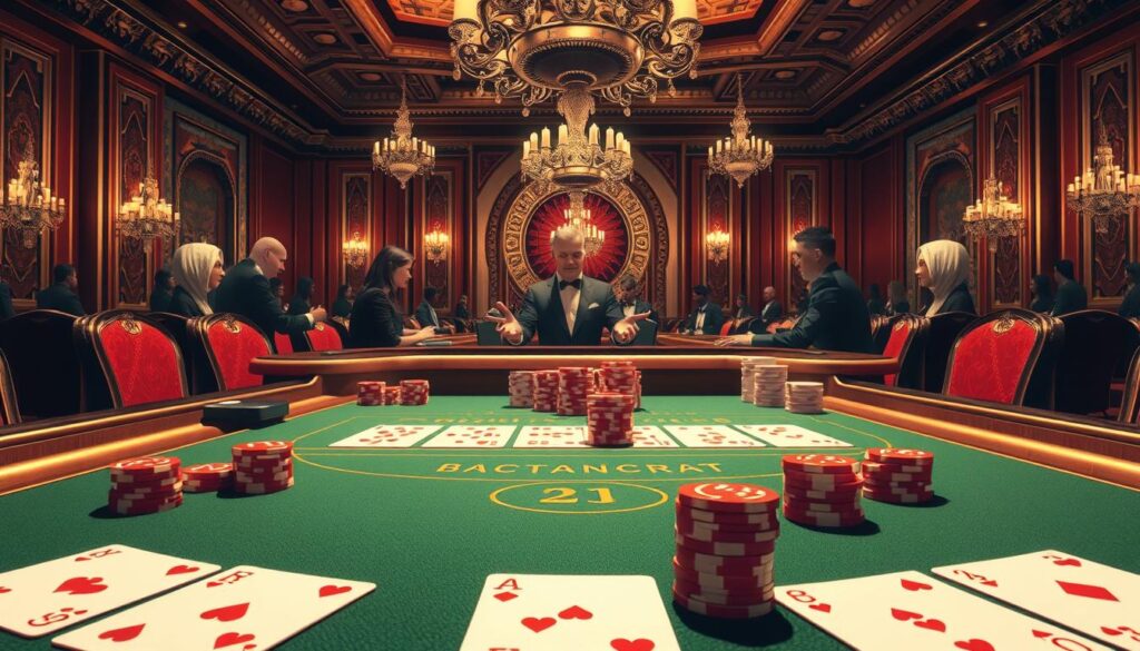 A high-resolution, detailed illustration of the basic rules and mechanics of the Baccarat casino game. Prominently featured in the foreground are the Baccarat table layout, cards, and chips, captured in a crisp, photorealistic style with natural lighting. In the middle ground, a group of engaged players and a dealer are shown, their faces obscured to maintain focus on the game elements. The background depicts a luxurious casino interior with ornate decor, chandeliers, and a sense of sophistication. The overall scene conveys the classic, refined atmosphere of a Baccarat gaming experience, designed to visually explain the fundamentals of this popular casino card game.