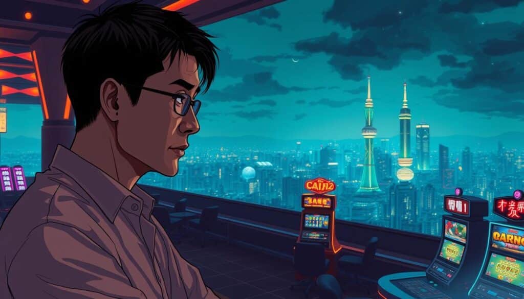 A high-resolution digital illustration depicting the shared experiences of casino betting in Taiwan. In the foreground, a thoughtful player contemplates their recent wins and losses, their expression conveying the emotional highs and lows of the gambling journey. The middle ground features a stylized casino interior, with neon-lit gaming tables and slot machines casting a warm, atmospheric glow. In the background, a panoramic view of the Taipei skyline at night, the city lights twinkling like stars against a moody, atmospheric sky. The overall mood is one of contemplation, with a touch of cinematic drama, capturing the essence of the "Investment Experience Sharing" section of the article.