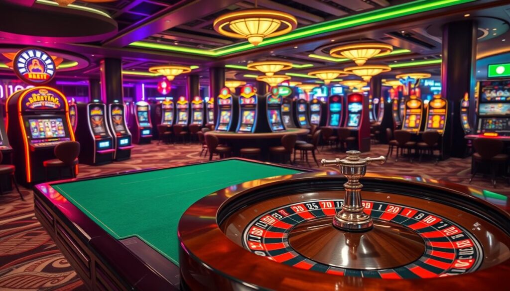 A high-resolution image of a serene online casino setting, showcasing the range of betting options available to players. The foreground features an elegant roulette table with delicately carved wooden trim, crisp green felt, and a polished metal roulette wheel. The middle ground depicts various slot machines with vibrant, eye-catching displays and buttons inviting interaction. In the background, a panoramic view of the casino floor reveals a variety of gaming tables, each with their own distinct ambiance and betting limits. The lighting is warm and inviting, creating a sense of excitement and anticipation. The overall atmosphere conveys the importance of the gaming range in providing a diverse and immersive online entertainment experience for discerning Taiwanese players.