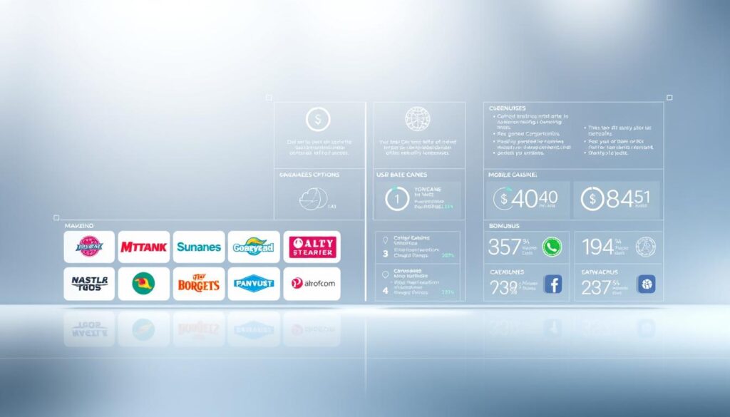 A high-resolution, photorealistic illustration depicting a comparative analysis of popular online entertainment casinos. In the foreground, a clean, minimalist interface showcases several casino logos arranged in a grid, each with their own distinct branding and visual identity. The midground features a series of infographic-style data visualizations highlighting key metrics like user base, game selection, bonuses, and mobile compatibility, allowing for an at-a-glance comparison. The background maintains a sleek, modern aesthetic, perhaps with a subtle gradient or geometric pattern to create depth and a sense of professionalism. Lighting is clean and evenly distributed, with a soft, diffused quality to emphasize the clarity of the presented information. The overall mood is one of analytical precision, inviting the viewer to objectively evaluate the strengths and weaknesses of these leading online entertainment destinations.