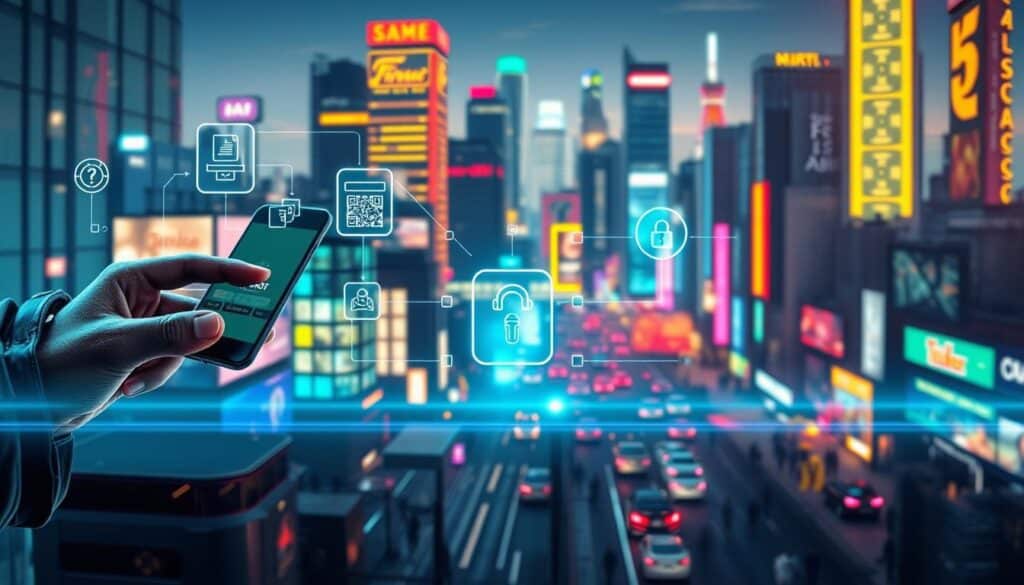 A high-resolution, photorealistic image of a flexible, intuitive payment system with a variety of options. The foreground showcases an array of digital payment methods, including mobile wallet, credit/debit cards, and QR code scanning, all seamlessly integrated into a sleek, user-friendly interface. The middle ground highlights secure transaction processing, with encryption and authentication protocols visualized as glowing data streams. The background depicts a vibrant, modern cityscape, representing the diverse range of real-world entertainment and gaming establishments where this payment system could be utilized. The overall scene conveys a sense of convenience, security, and adaptability, perfectly capturing the essence of the "支付方式的靈活性" section.