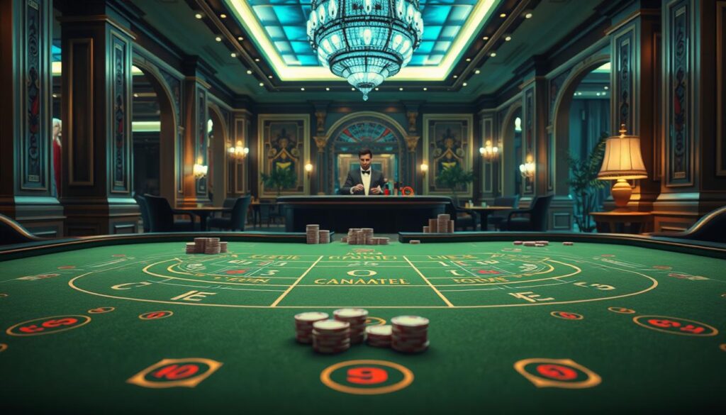 A high-resolution, photorealistic rendering of the rules and gameplay of the classic casino game Baccarat. The image depicts the gaming table in the foreground, with crisp green felt and a clearly marked layout. In the middle ground, the dealer and players are shown in a well-lit, elegant casino environment, dressed formally and engaged in gameplay. The background features luxurious furnishings and architectural details characteristic of a high-end gaming establishment. Careful attention is paid to the precise placement of chips, cards, and the overall table setup, conveying an authentic, immersive Baccarat experience.
