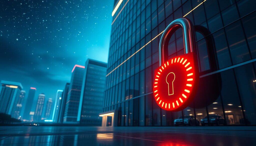 A high-security online casino complex, with a sleek, modern aesthetic. In the foreground, a stylized lock icon radiates a warm glow, symbolizing the airtight security measures in place. The middle ground showcases a towering glass facade, reflecting the city skyline and conveying a sense of transparency and trustworthiness. In the background, a serene night sky dotted with twinkling stars sets a tranquil mood, evoking a feeling of safety and reliability. The lighting is soft and subtle, creating a sense of sophistication and exclusivity. The overall composition conveys the importance of online casino security and reputation in providing a premium entertainment experience.