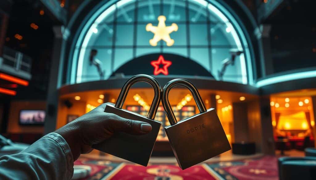 A high-security online casino, its facade lit by soft, warm lighting. In the foreground, a pair of padlocked hands symbolize the emphasis on safety and trust, while the background depicts a sleek, modern interior with discreet surveillance cameras monitoring the action. The scene conveys a sense of reliability and professionalism, with attention to detail in the architectural design and the carefully curated ambiance. The overall atmosphere exudes a sophisticated, trustworthy vibe that would instill confidence in the casino's players.