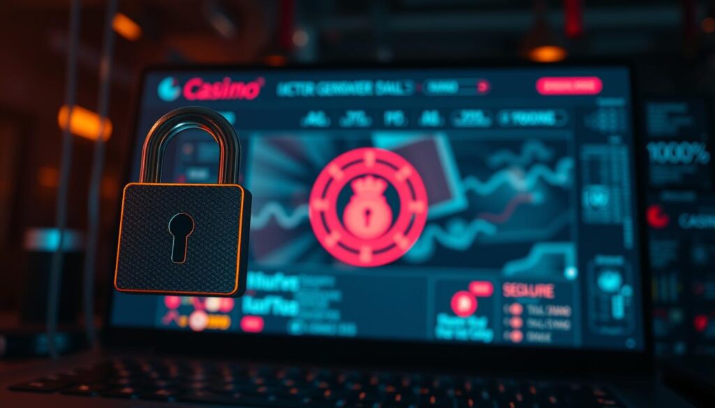 A high-security online casino website, with advanced encryption protocols and firewall defenses. The foreground features a padlock icon, symbolizing the platform's robust data protection. The middle ground showcases a clean, user-friendly interface with subtle branding elements. In the background, a subtle matrix of binary code cascades, alluding to the site's complex backend infrastructure. Warm, subtle lighting casts a sense of trustworthiness, while a depth-of-field blur emphasizes the focal points. The overall mood conveys a secure, reliable, and technologically sophisticated online gambling experience.