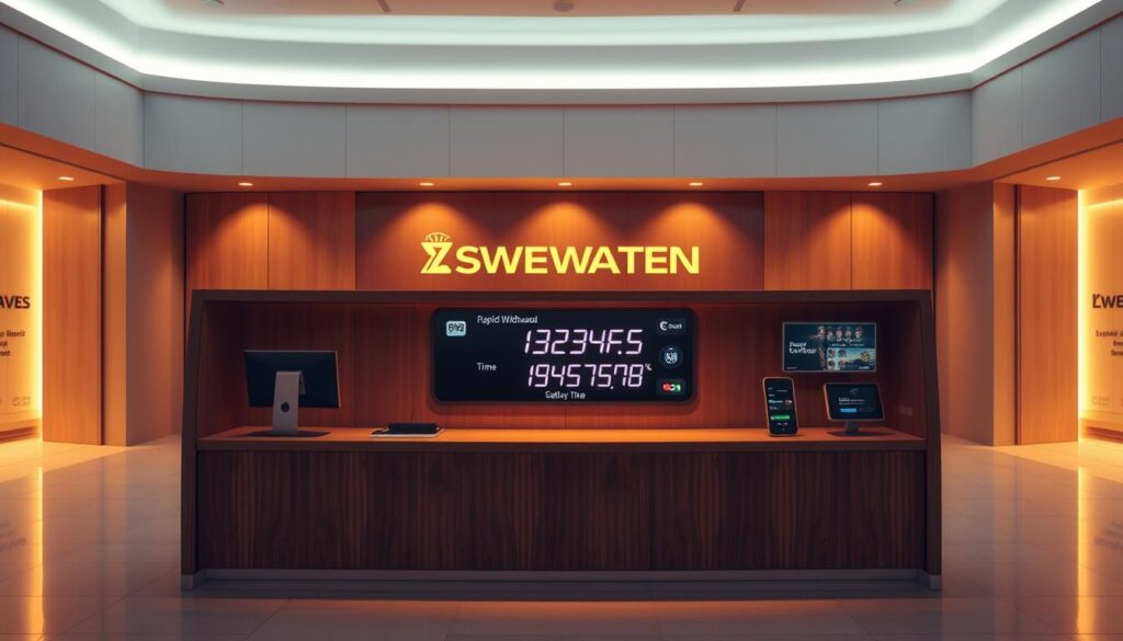 A high-speed bank teller counter with a digital display showcasing rapid withdrawal times. The scene is bathed in a warm, inviting lighting, creating a sense of efficiency and convenience. The counter is made of polished wood, with a sleek, modern design. The teller's station is equipped with the latest payment processing technology, allowing for seamless and expedited transactions. In the background, a minimalist banking hall with clean lines and subtle branding creates an atmosphere of professionalism and trust. The overall composition conveys the idea of a streamlined, user-friendly financial experience for the discerning online casino player.