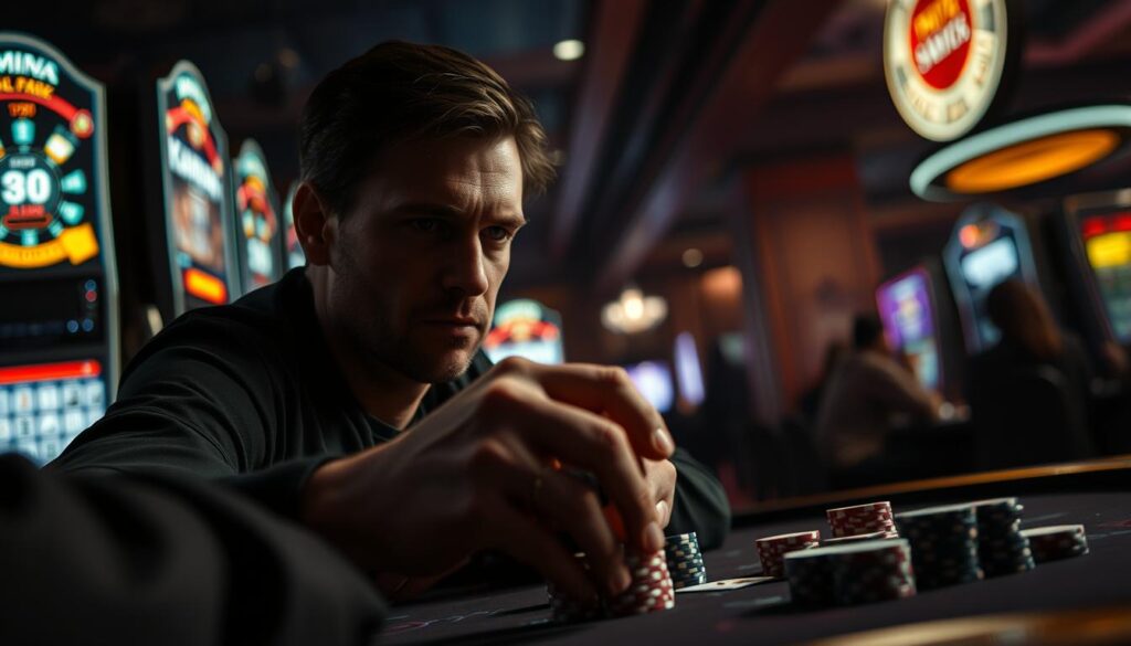 A high-stakes Texas Hold'em poker game, set against a moody, atmospheric backdrop. In the foreground, a player's face is illuminated by the soft glow of gaming displays, their expression a stoic, steely calm as they contemplate their next move. The middle ground features the player's hands, poised over a stack of chips, fingers twitching with calculated precision. In the background, a dimly lit casino interior sets the stage, with muted colors and a sense of hushed intensity. Dramatic chiaroscuro lighting casts dramatic shadows, heightening the tension and focus of the moment. An image that captures the mental discipline, strategic acumen, and unwavering composure required to succeed in the high-pressure world of Texas Hold'em poker.