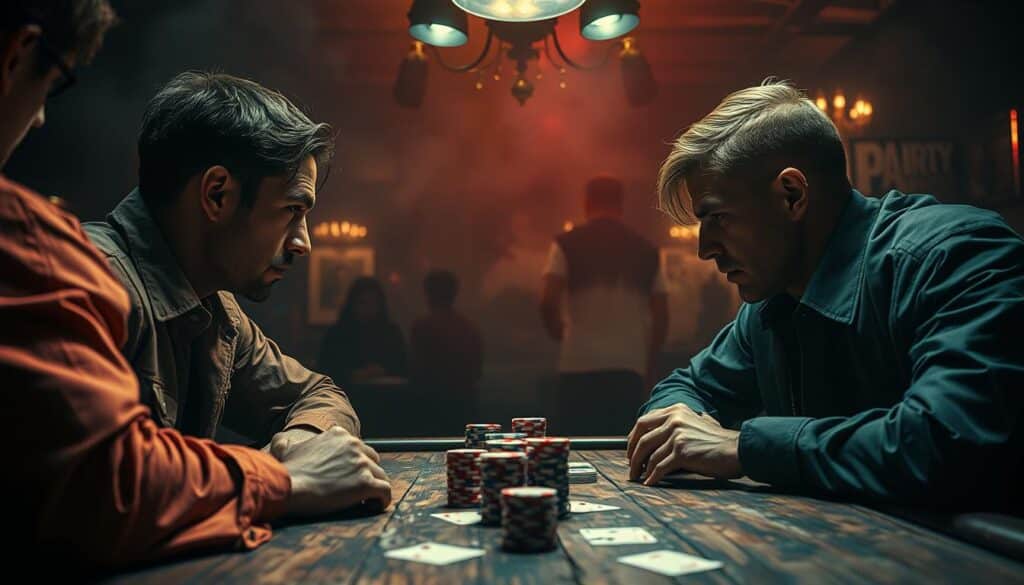 A high-stakes Texas Hold'em poker game unfolds, players locked in an intense psychological battle. In the foreground, two opponents face off, their expressions revealing a complex interplay of strategy, bluff, and intuition. Overhead lighting casts dramatic shadows, heightening the sense of tension and drama. The middle ground features poker chips and cards scattered on a weathered wooden table, symbolizing the stakes and risks at play. In the background, the dimly lit setting evokes a smoky, exclusive poker den, where the thrill of the game mingles with an air of exclusivity and high-stakes intrigue. The overall mood is one of strategic calculation, veiled emotions, and the thrill of the ultimate challenge of wits.