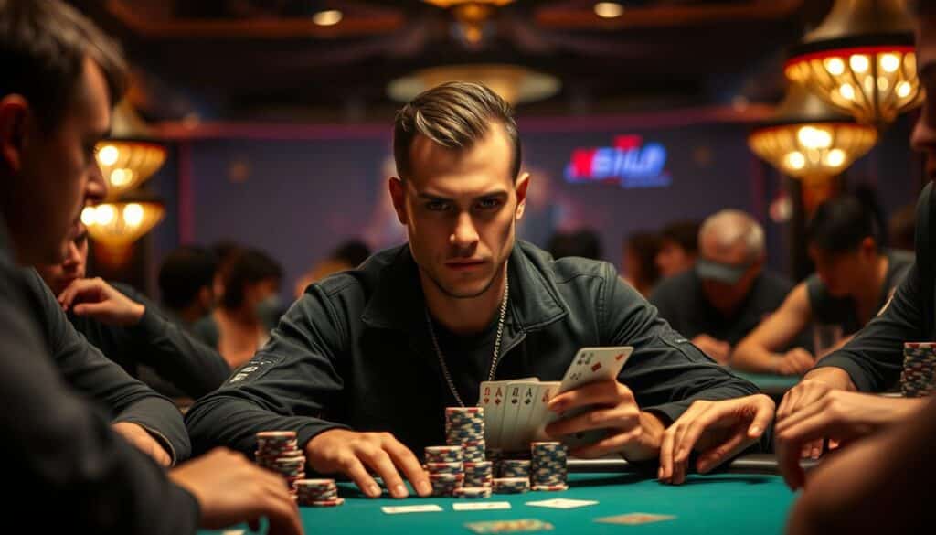 A high-stakes Texas Hold'em poker game, with a focused player sitting confidently at the table, chips stacked neatly before them. The background is a dimly lit casino interior, with muted lighting creating a serious, intense atmosphere. The player's expression is one of calm determination, their gaze unwavering as they survey the cards in their hand. The table is crowded with other players, each lost in their own strategy, creating a palpable sense of competition and opportunity. The scene conveys the essence of a successful poker strategy, where calculated risk, discipline, and situational awareness converge to overcome the game's inherent challenges.