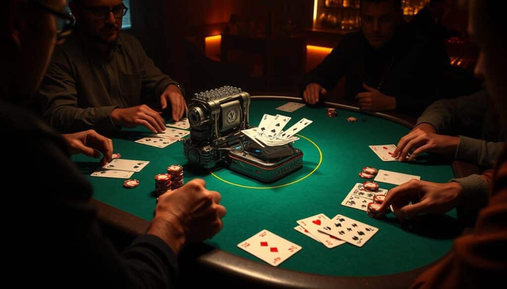 A high-stakes Texas Hold'em poker table, dimly lit with a warm amber glow. On the green felt, a deck of cards sits ready, surrounded by poker chips in shades of red, white, and blue. In the center, a virtual card-dealing mechanism springs to life, its metallic components intricately detailed, delicately shuffling and distributing the cards to the players. The atmosphere is tense, the air thick with anticipation as the players contemplate their next moves, their faces obscured in shadow, the weight of luck and strategy heavy on their shoulders.