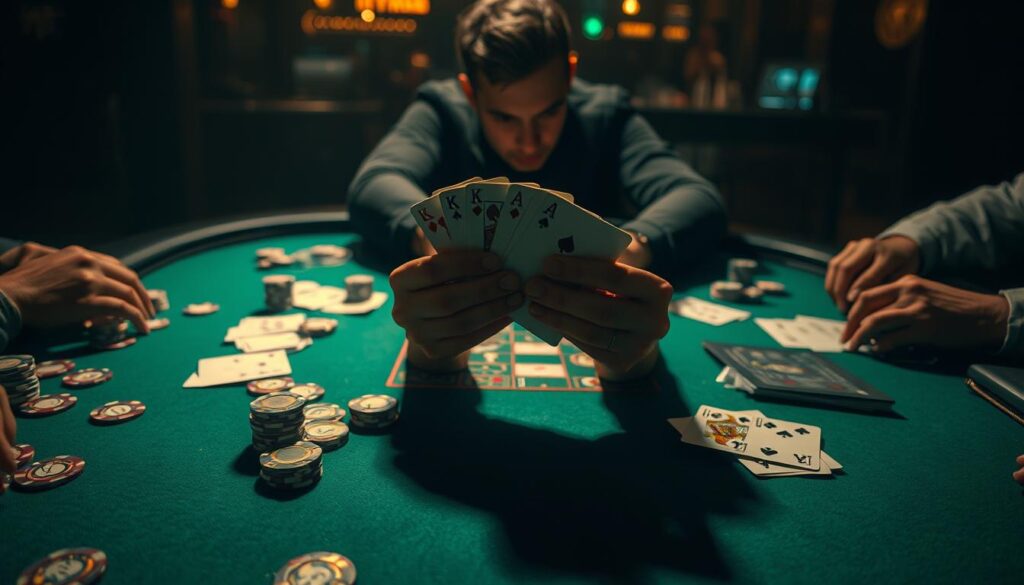 A high-stakes Texas Hold'em poker table, dimly lit with a warm, moody atmosphere. The green felt surface is scattered with poker chips, cards, and strategic notes. In the center, a player's hands hold a winning hand, casting dramatic shadows across the table. The background is blurred, emphasizing the intensity of the game and the player's laser-focused expression. Dramatic chiaroscuro lighting creates striking contrasts, heightening the sense of concentration and anticipation. The overall composition conveys the strategic thinking and high-pressure decision-making inherent in mastering Texas Hold'em poker.