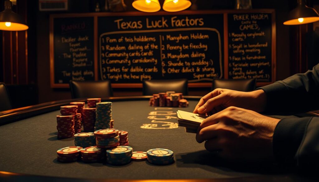 A high-stakes Texas Hold'em poker table, dimly lit with warm incandescent lamps, casts a golden glow across the felt surface. Poker chips in varying denominations are stacked neatly, hinting at the importance of managing one's bankroll. In the foreground, a dealer's hand shuffles a deck of cards, the sound of riffling cardboard adding to the anticipation. The background is adorned with a chalkboard displaying a ranked list of the key luck factors in Texas Hold'em - from the random dealing of the community cards to the unpredictable behavior of other players. An aura of tension and uncertainty permeates the scene, reflecting the intangible nature of chance in this cerebral card game.