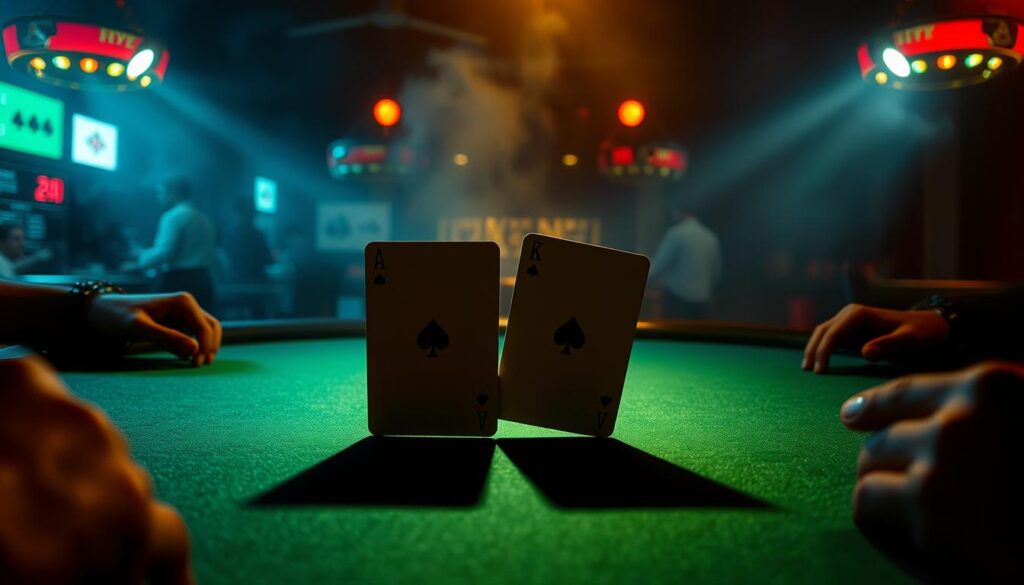 A high-stakes Texas Hold'em poker table set against a dimly lit, smoky casino backdrop. On the green felt, a pair of strong hole cards are prominently displayed, casting long, dramatic shadows. The table is illuminated by a single, dramatic spotlight, drawing the viewer's focus to the cards. The players' hands are out of frame, creating an air of mystery and anticipation. The overall atmosphere is tense and atmospheric, evoking the high-pressure decision-making of a critical poker hand.