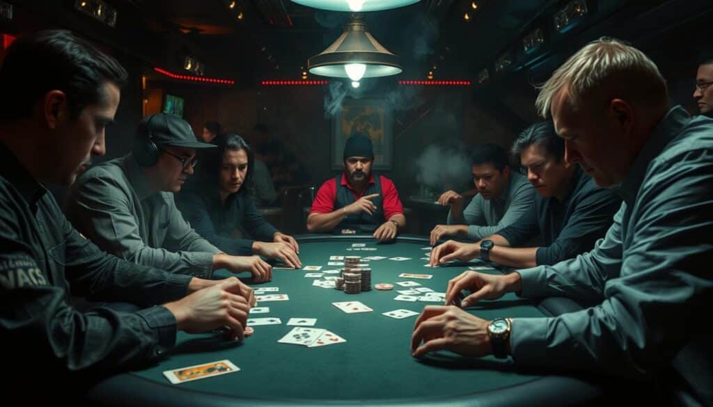 A high-stakes Texas Hold'em poker tournament unfolds in a dimly lit, smoke-filled room. Players lean intently over the felt, scrutinizing their cards and the community cards on the table. Tension builds as the dealer distributes the flop, turn, and river. Chips are pushed across the table as players make strategic bets, their faces masked by a veil of concentration. In the background, spectators watch with bated breath, observing the unfolding drama through the haze of cigars and the glow of overhead lamps. A sense of high-stakes excitement permeates the scene, captured in a cinematic wide shot that showcases the intensity and dynamism of a Texas Hold'em tournament.