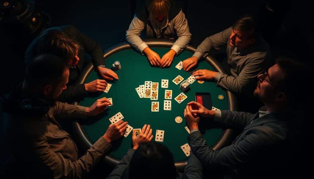 A high-stakes Texas Hold'em poker tournament unfolds on a green felt table, surrounded by focused players deep in concentration. Intricate hand gestures and subtle tells reveal the strategic maneuvering of seasoned pros, as they navigate the shifting currents of the game. Dramatic chiaroscuro lighting casts dramatic shadows, heightening the tension and intensity of the moment. The camera captures the scene from a dynamic, overhead angle, providing a bird's-eye view of the unfolding action and the players' decision-making process. Subtle details, such as stacks of chips, playing cards, and the players' expressions, convey the mental acuity and composure required to excel in this elite, high-stakes contest of wits and nerves.