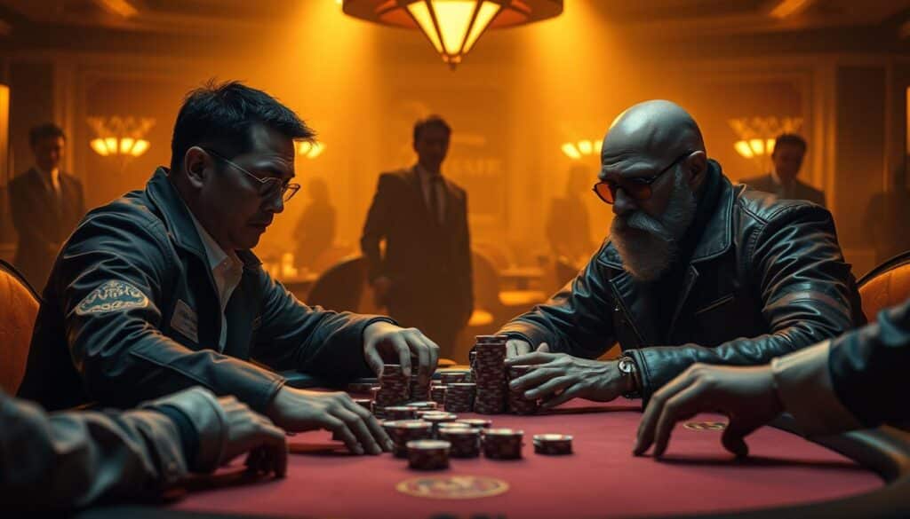 A high-stakes Texas hold'em poker table, bathed in a warm, golden light. At the center, a determined player locked in tense competition with a seasoned, stoic-faced master. Their gazes fixed, chips stacked high, the air electric with strategic maneuvering and calculated risks. In the background, a hazy, atmospheric casino setting, with shadowy figures observing the intense standoff. The player's brow furrowed, mind racing to outmaneuver the experienced pro, the thrill of the challenge palpable. A dramatic, cinematic scene capturing the exhilarating journey of a Taiwanese player taking on the titans of Texas hold'em poker.