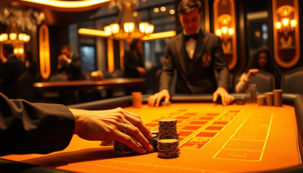 A high-stakes baccarat game table bathed in warm, golden lighting. The felt surface is meticulously polished, the chips stacked neatly, and the dealer stands poised, exuding an air of serene confidence. In the foreground, a player's hands carefully arrange their betting chips, their gaze focused and deliberate, embodying the "stable winning strategy" they have mastered. The background reveals a dimly lit casino ambiance, with subtle hints of luxury and sophistication. The overall scene evokes a sense of strategic mastery, financial acumen, and the thrill of the game.