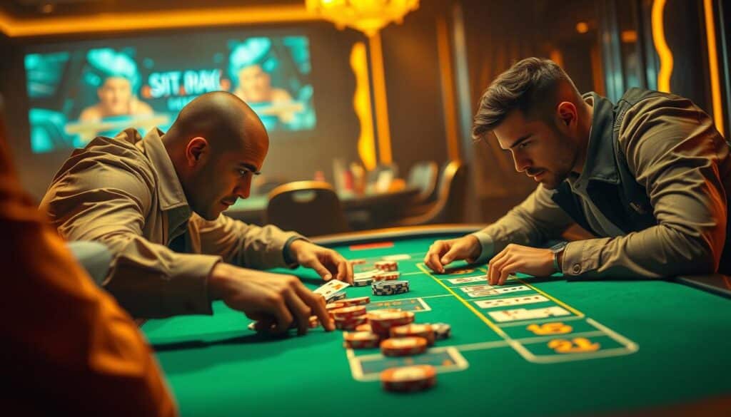 A high-stakes baccarat table, illuminated by warm golden lighting, with two skilled players engaged in an intense battle of wits and strategy. The table's green felt surface reflects the tension in the air, as cards are dealt and chips are expertly maneuvered. The players' faces are intense, their eyes narrowed, focused on the game unfolding before them. The background is softly blurred, drawing all attention to the central confrontation, where the outcome of the match hangs in the balance. The composition captures the essence of the ultimate baccarat showdown, the pinnacle of the game's challenges and rewards.