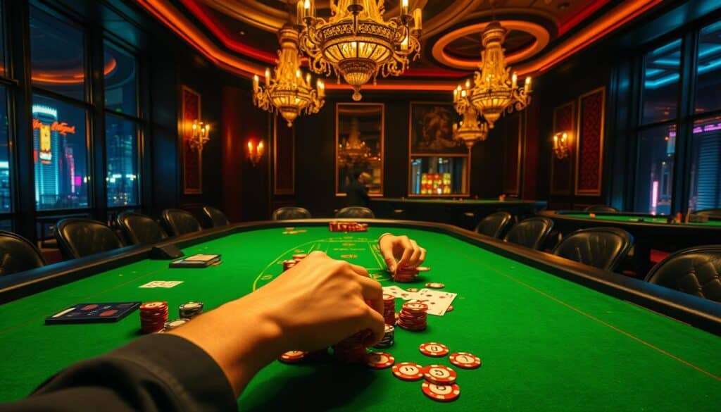 A high-stakes baccarat table in a lush, dimly-lit casino interior. The green felt surface is dotted with casino chips, cards, and a pair of elegant hands carefully managing their stack. Ornate chandeliers cast a warm, golden glow, while floor-to-ceiling windows offer a glimpse of the neon-lit city skyline outside. The atmosphere is one of quiet concentration and calculated risk-taking, capturing the essence of the "百家樂的資金管理技巧" - the strategic management of bankroll in this iconic casino game.