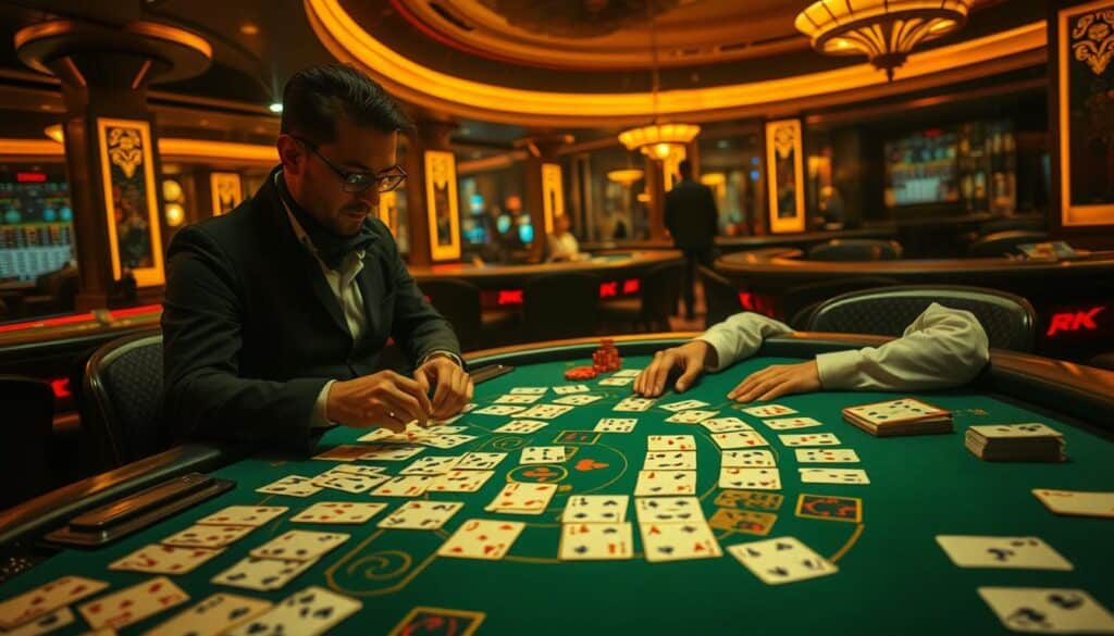 A high-stakes baccarat table set against a dimly lit casino backdrop, illuminated by warm, golden lighting. On the table, an array of playing cards arranged in intricate patterns, each one meticulously analyzed, revealing the nuances of card sequences and probabilities. A seasoned gambler, focused and determined, studies the layout with a keen eye, uncovering the hidden strategies and techniques that can tip the odds in their favor. The atmosphere is one of concentration and anticipation, as the player's mastery of card analysis becomes the key to unlocking the game's secrets and maximizing their chances of success.