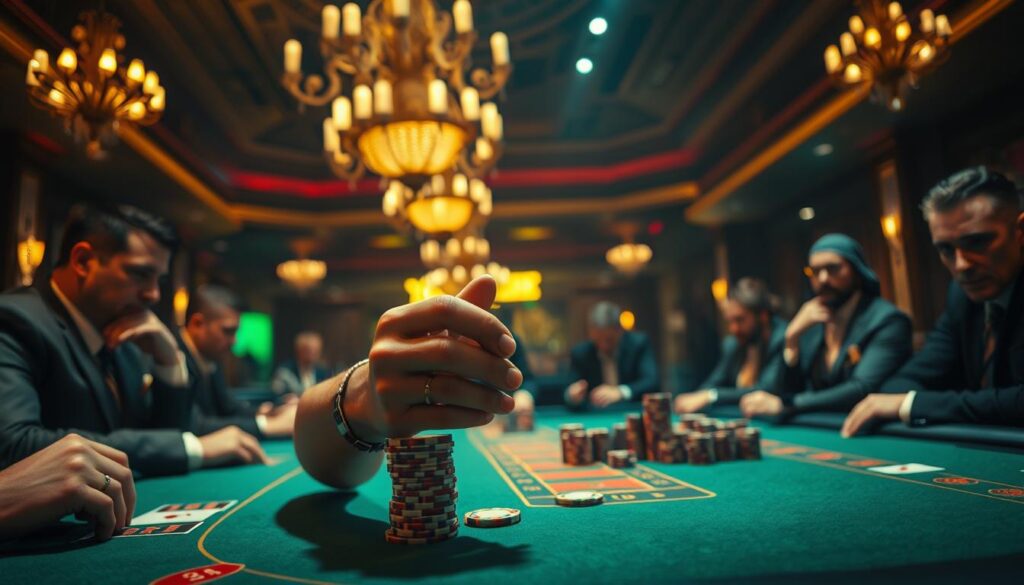 A high-stakes baccarat table set against a dimly lit casino interior, with opulent chandeliers casting a warm glow. In the foreground, a skilled player with a focused expression holds a stack of chips, poised to make a decisive move. The table is adorned with elegant green felt, surrounded by the intensely concentrated faces of the other gamblers. Dramatic shadows and highlights accentuate the tension of the moment, as the player considers their next strategic play that could lead to a triumphant victory. The scene exudes an aura of calculated risk and the thrill of high-stakes gaming, capturing the essence of the "key to winning at baccarat" as described in the article.