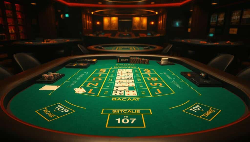 A high-stakes baccarat table set against a dimly lit casino interior, with the various betting options displayed in clear detail on the green felt surface. The table is illuminated by warm, amber-toned lighting, casting a rich, atmospheric glow over the scene. The arrangement of chips, cards, and betting areas is meticulously organized, inviting the viewer to explore the strategic decisions involved in this classic casino game. The overall composition conveys the tension and excitement of the baccarat experience, drawing the eye to the key elements that define the different betting choices available to players.