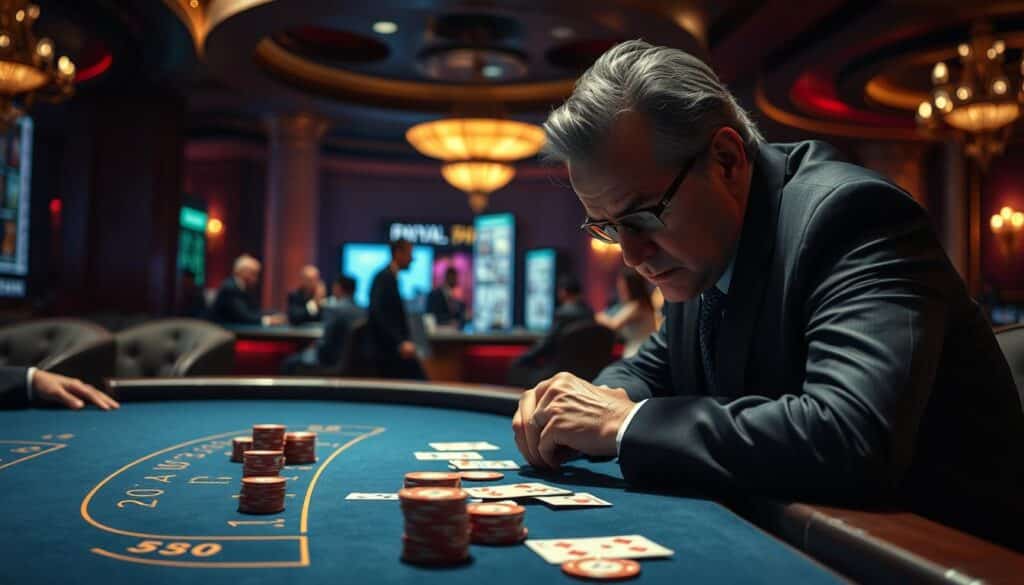 A high-stakes baccarat table set against a dimly lit, luxurious casino backdrop. A seasoned player in a tailored suit leans forward, eyes intense, as they study the cards and chips before them. Soft table lighting casts dramatic shadows, heightening the tension. In the distance, other players and dealers move with precision, creating a sense of focused energy. The overall atmosphere is one of strategic contemplation, where decades of experience and intuition converge to guide each decisive move.