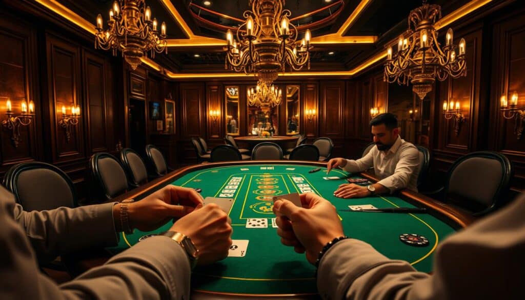 A high-stakes baccarat table set against a dimly lit, opulent casino interior. The green felt surface is adorned with elegant gold trim, surrounded by wood-paneled walls and ornate chandeliers casting a warm, ambient glow. In the foreground, player's hands deftly manipulate cards, their expressions focused and intense as they employ strategic techniques to gain an edge. The atmosphere is charged with anticipation, the air thick with the scent of success and the thrill of the game. Brilliant lighting highlights the tension and drama unfolding, creating a cinematic scene that encapsulates the essence of baccarat mastery.