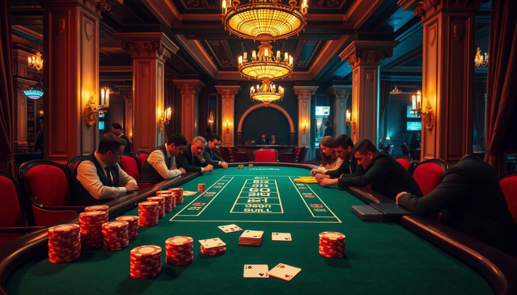 A high-stakes baccarat table set against a luxurious casino backdrop. The green felt surface is clean and pristine, with stacks of chips, playing cards, and a pair of dice resting in the center. The lighting is warm and inviting, with subtle chandeliers casting a golden glow over the scene. In the foreground, a group of well-dressed players lean in, focused on the game unfolding before them. The table is framed by ornate columns and plush curtains, creating a sense of elegance and exclusivity. The overall atmosphere conveys the thrill and excitement of the baccarat experience, inviting the viewer to imagine themselves as part of the high-stakes action.