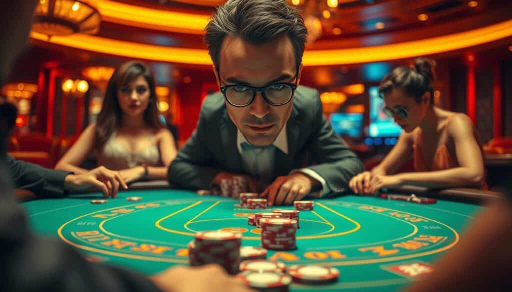 A high-stakes baccarat table set in a luxurious casino, with a focused, analytical gaze examining the players' movements and betting patterns. Warm, amber lighting casts a sophisticated, serious atmosphere, while the table's green felt and gleaming chips create a sense of strategic intensity. The scene is captured from an elevated, slightly angled perspective, emphasizing the methodical evaluation of the game's dynamics. Subtle details, such as the players' expressions and body language, convey the competitive nature of the baccarat encounter.