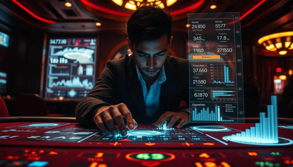 A high-stakes casino interior, dimly lit with a warm glow. On the table, glowing holographic data visualizations depicting statistical trends and probabilities. A lone player, deeply focused, fingers gliding across a tactile control interface as they analyze the data, seeking to maximize their odds of winning. Dramatic chiaroscuro lighting casts sharp shadows, creating a tense, cerebral atmosphere. The scene conveys the strategic application of data-driven insights to elevate one's gaming performance and increase the chances of a lucrative payout.