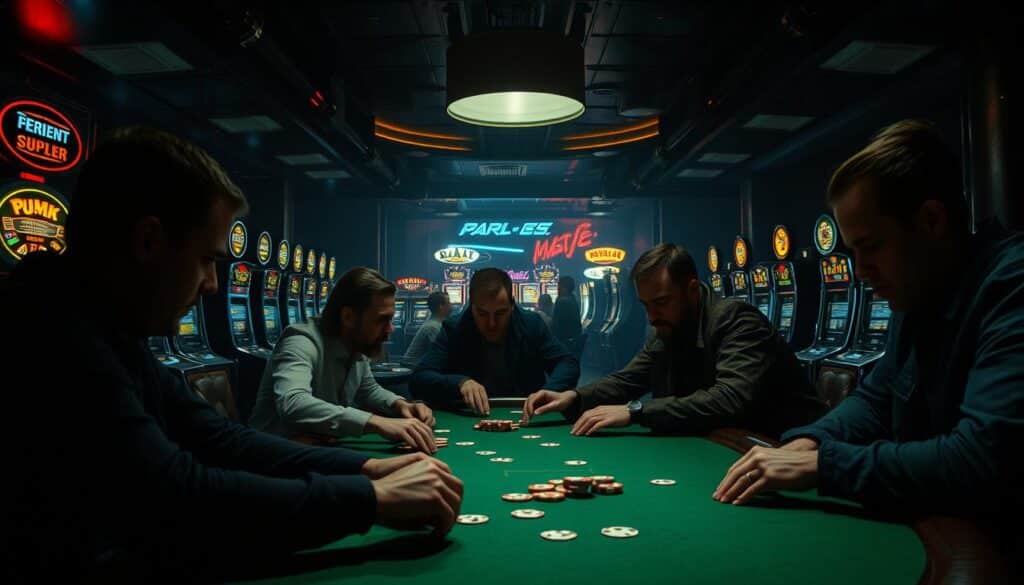A high-stakes casino interior, dimly lit with dramatic shadows. At the center, a tense game of poker unfolds, players leaning in with intense focus, their faces half-obscured by the flickering glow of green-felted tables. In the background, a maze of slot machines beckon with flashing lights and hypnotic chimes, luring in the unwary. The atmosphere is charged with an undercurrent of excitement and unease, as the players navigate the psychological warfare of bluffing, reading tells, and making split-second decisions that could make or break their fortunes. Cinematic lighting emphasizes the drama, creating deep contrasts and a sense of cinematic intensity.