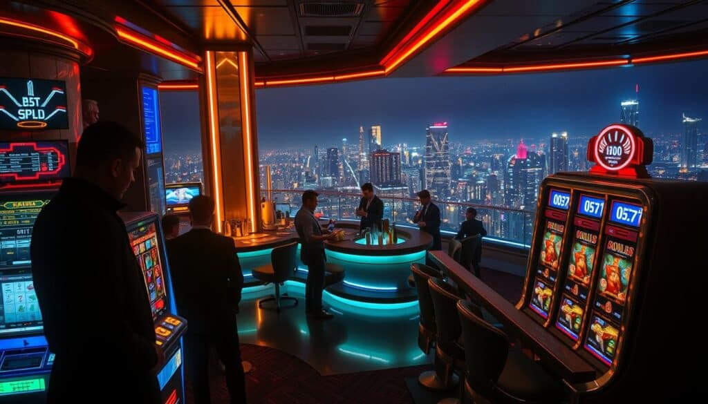 A high-stakes casino interior, dimly lit with neon accents. In the foreground, a sleek, modern slot machine with a digital display showcasing the game's mechanics and odds. Shadowy figures stand around the machine, eyes transfixed on the spinning reels, the tension palpable. The middle ground features a well-appointed bar, with bartenders mixing elaborate cocktails, hinting at the indulgence and risk that permeates the atmosphere. In the background, a panoramic view of a glittering city skyline, a testament to the allure and wealth of the online gambling industry. The overall scene evokes a sense of excitement, mystery, and the pursuit of the elusive jackpot that captivates both players and observers alike.
