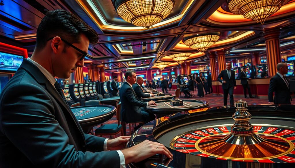 A high-stakes casino interior with elegant décor and sophisticated lighting. In the foreground, a well-dressed gambler contemplates their next move at a roulette table, the tension palpable. The middle ground features disciplined dealers overseeing the games, maintaining a calm, professional demeanor. In the background, an expansive view of the casino floor, where patrons navigate the alluring yet risky environment with a mix of excitement and trepidation. The overall atmosphere conveys the delicate balance between thrill and prudence, highlighting the need for responsible gambling practices.