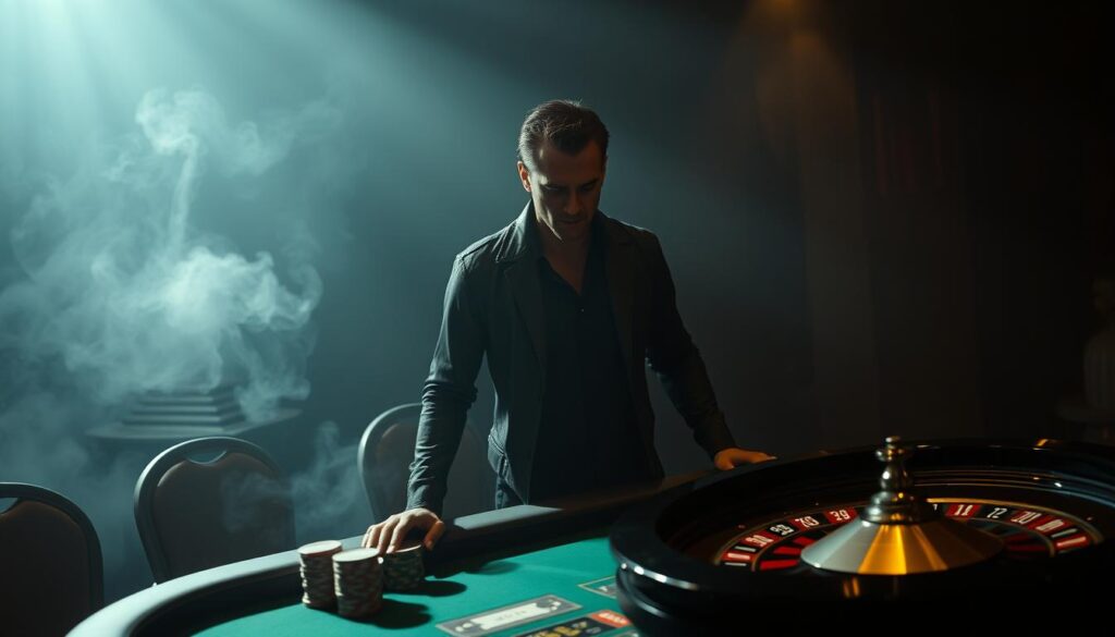 A high-stakes casino scene with a lone figure standing at a roulette table, their face displaying a mix of excitement and trepidation. Dramatic chiaroscuro lighting casts deep shadows, emphasizing the tension of the moment. The table's green felt surface is adorned with stacks of chips and a spinning roulette wheel, hinting at the potential for both great reward and great risk. The background is shrouded in a veil of smoke and dim, moody lighting, creating an atmosphere of heightened anticipation. The figure's posture is one of determination, as they weigh their options and prepare to make a life-changing decision.