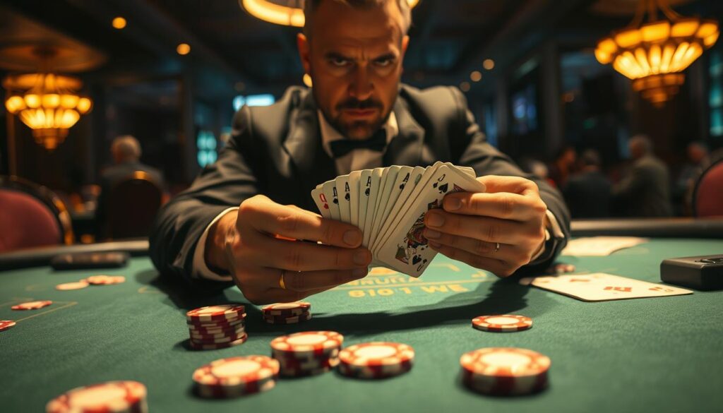 A high-stakes casino table, illuminated by warm, focused lighting. In the foreground, a seasoned gambler meticulously shuffles a deck of cards, their experienced fingers deftly manipulating the cards. The middle ground features a green baize surface, dotted with casino chips of various denominations, hinting at the strategic placement of bets. In the background, the dim, elegant ambiance of the casino is visible, creating an atmosphere of excitement and calculated risk-taking. The gambler's expression is one of intense concentration, their gaze fixed on the cards, conveying the deep understanding and mastery of the game mechanics that define a successful baccarat player.