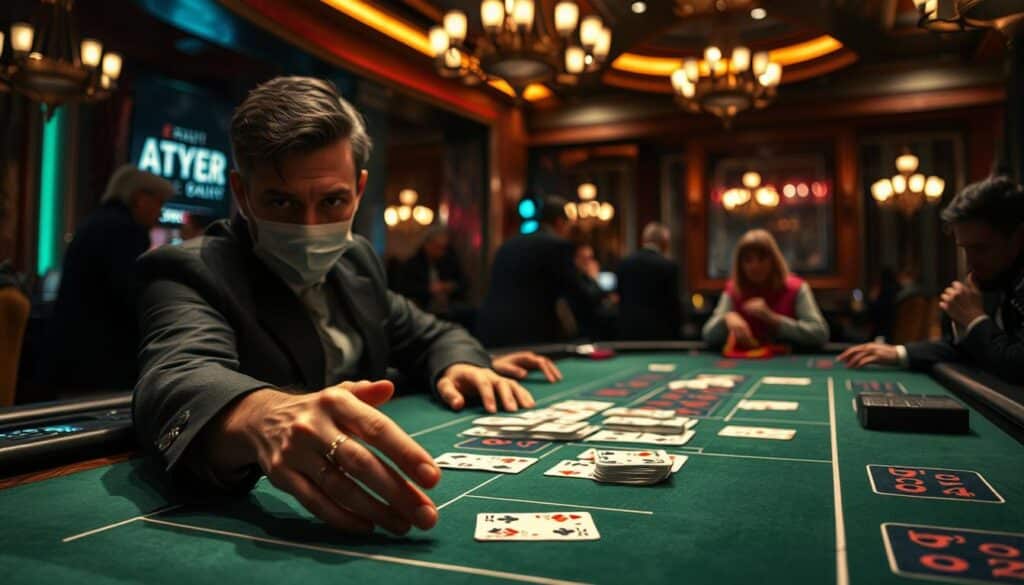 A high-stakes casino table, the green felt surface a canvas for the complex interplay of human psychology and probability. In the foreground, a poker-faced player, their expression inscrutable, hands poised to make a decisive move. The surrounding environment is dimly lit, creating an air of tension and suspense, with subtle highlights illuminating the intricate details of the casino decor. In the background, the blurred silhouettes of other players, each engaged in their own strategic dance, their behaviors and decision-making processes shaped by the principles of game theory and behavioral economics. The scene captures the essence of how the field of game psychology can be leveraged to navigate the challenges and opportunities of the baccarat table, where the line between chance and calculated risk is ever so thin.