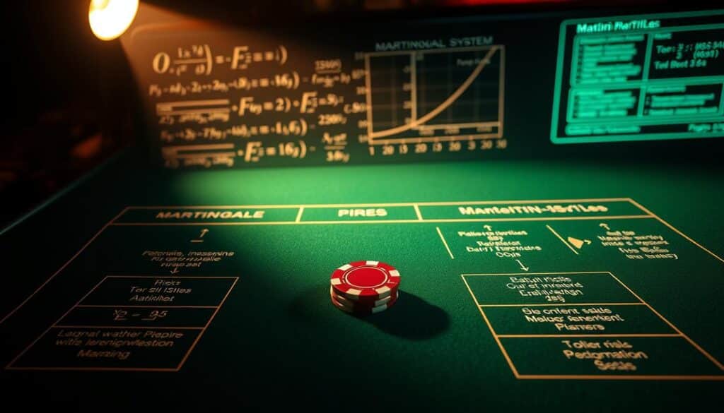 A high-stakes casino table with a detailed diagram of the Martingale system overlaying the green felt. The system's mathematical formulas and probability curves projected onto the background, casting an analytical glow. A pair of poker chips, one red and one black, sit at the center, symbolizing the risks and rewards of this strategic approach. Dramatic lighting from the side emphasizes the tension and concentration required, while the overall mood is one of thoughtful contemplation on risk management principles.