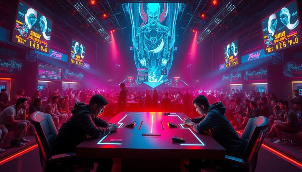 A high-stakes competitive gaming arena, illuminated by an array of neon lights and digital displays. In the foreground, two players face off across a sleek, futuristic table, their expressions intense as they strategize their next moves. Behind them, a large screen displays the game interface, with colorful data visualizations and dynamic scoring elements. The middle ground is filled with spectators, their eyes glued to the action, creating an electric atmosphere of anticipation and excitement. In the background, a towering holographic projection showcases the game's lore and narrative, adding depth and immersion to the scene. The lighting is a captivating blend of warm and cool tones, casting dramatic shadows and highlighting the players' concentration. The overall mood is one of intense, thrilling competition, where skill, strategy, and a touch of drama collide in the ultimate test of gaming prowess.
