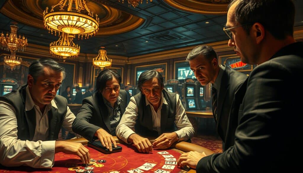 A high-stakes gambling scene in a lavish casino, with the atmosphere of a nefarious enterprise. Showcasing the opulent interiors, plush carpets, and gilded chandeliers, hinting at the deceptive nature of the establishment. In the foreground, a group of distressed-looking patrons, their faces etched with concern, are engaged in a tense confrontation with casino staff. The lighting is dramatic, with sharp shadows and highlights, creating a sense of tension and unease. The overall composition conveys a sense of the unsavory dealings and illicit activities that have plagued this well-known entertainment venue.