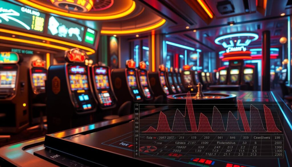 A high-stakes game of chance unfolds on a digital casino table, with colorful slot machines and roulette wheels spinning against a backdrop of neon lights and sleek, futuristic architecture. In the foreground, a detailed chart showcases the intricate probability distributions and win/loss ratios of various casino games, providing a comprehensive analysis for discerning players. Captured through a cinematic wide-angle lens, the scene exudes a sense of excitement and strategy, inviting the viewer to delve into the complex world of gaming odds and analytics. Soft, warm lighting accentuates the technological elegance of the environment, creating an alluring and immersive atmosphere for this data-driven exploration of casino game mechanics.