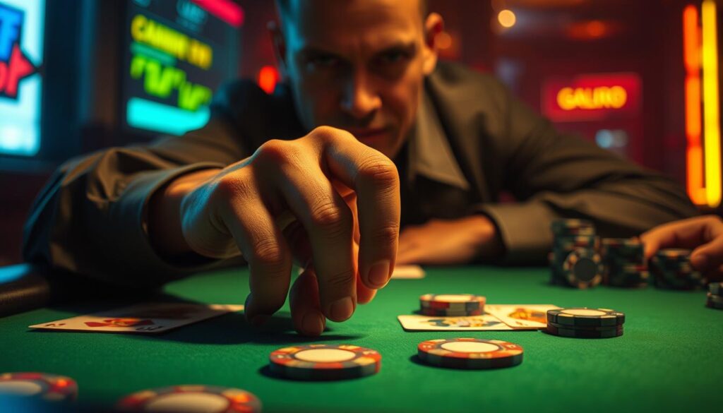 A high-stakes game of online casino thrills, with a seasoned player's guiding hand. A dimly lit, atmospheric table, the green felt glowing under strategic lighting. Carefully positioned cards, poker chips, and a single, weathered hand poised for the decisive move. Shadows and subtle highlights add depth, while a sense of tension and anticipation fills the frame. The player's gaze, intense and focused, reveals the experience and expertise behind this pivotal moment. This image captures the essence of the "線上娛樂城遊戲決勝關鍵技巧" - the key strategies and mastery that separate the casual players from the true high-rollers.