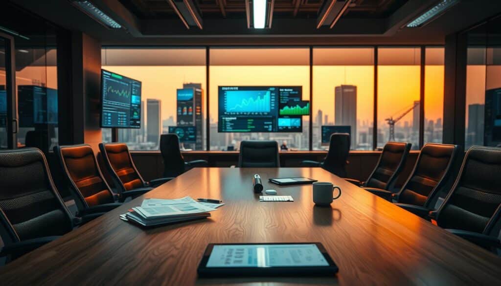 A high-stakes meeting room in a modern office, bathed in warm, focused lighting from overhead. In the foreground, a sleek wooden table surrounded by ergonomic chairs, suggesting a competitive, analytical atmosphere. On the table, scattered documents, a tablet, and a cup of coffee, hinting at an ongoing strategic discussion. In the middle ground, the walls are adorned with screens displaying competitor data, charts, and analytical visualizations, painted in a palette of blues, greens, and grays. The background is blurred, suggesting a panoramic city view through large windows, symbolizing the broader industry landscape. The mood is one of intense focus, strategic thinking, and a pursuit of a competitive edge.