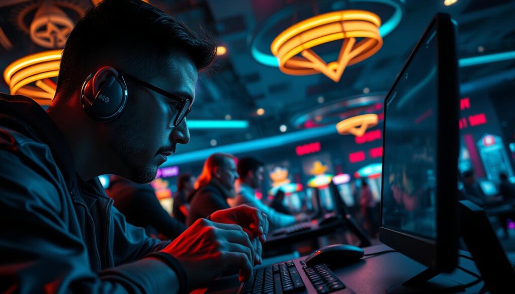 A high-stakes online casino game competition, with players engaged in intense psychological warfare. A dimly lit gaming hall, the tension palpable. Neon lights cast dramatic shadows, highlighting the focused expressions of participants as they strategize their next move. In the foreground, a player stares intently at a screen, fingers poised over controls, mind racing with probability calculations and cunning ploys. The background reveals a panoramic view of the casino floor, bustling with activity, the air thick with the thrill of risk and the promise of a life-changing payout. Cinematic lighting and a moody, atmospheric color palette evoke the high-stakes drama of this mental chess match, where victory hinges on split-second decisions and unshakable nerves.