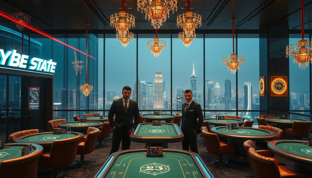 A high-stakes online casino in a modern, sleek setting. The exterior features a striking glass facade with neon-lit signage, while the interior boasts a luxurious ambiance with plush leather seating, glittering chandeliers, and a panoramic view of the cityscape through floor-to-ceiling windows. Dealers dressed in sharp, tailored uniforms stand behind gaming tables, their faces partially obscured by dramatic lighting that casts dramatic shadows. The tone is one of excitement and anticipation, with a hint of exclusivity and high-stakes thrills.